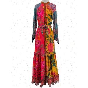 Farm Rio Bright Mixed Print Long Sleeve Button Down Maxi Dress Yellow Red Size S